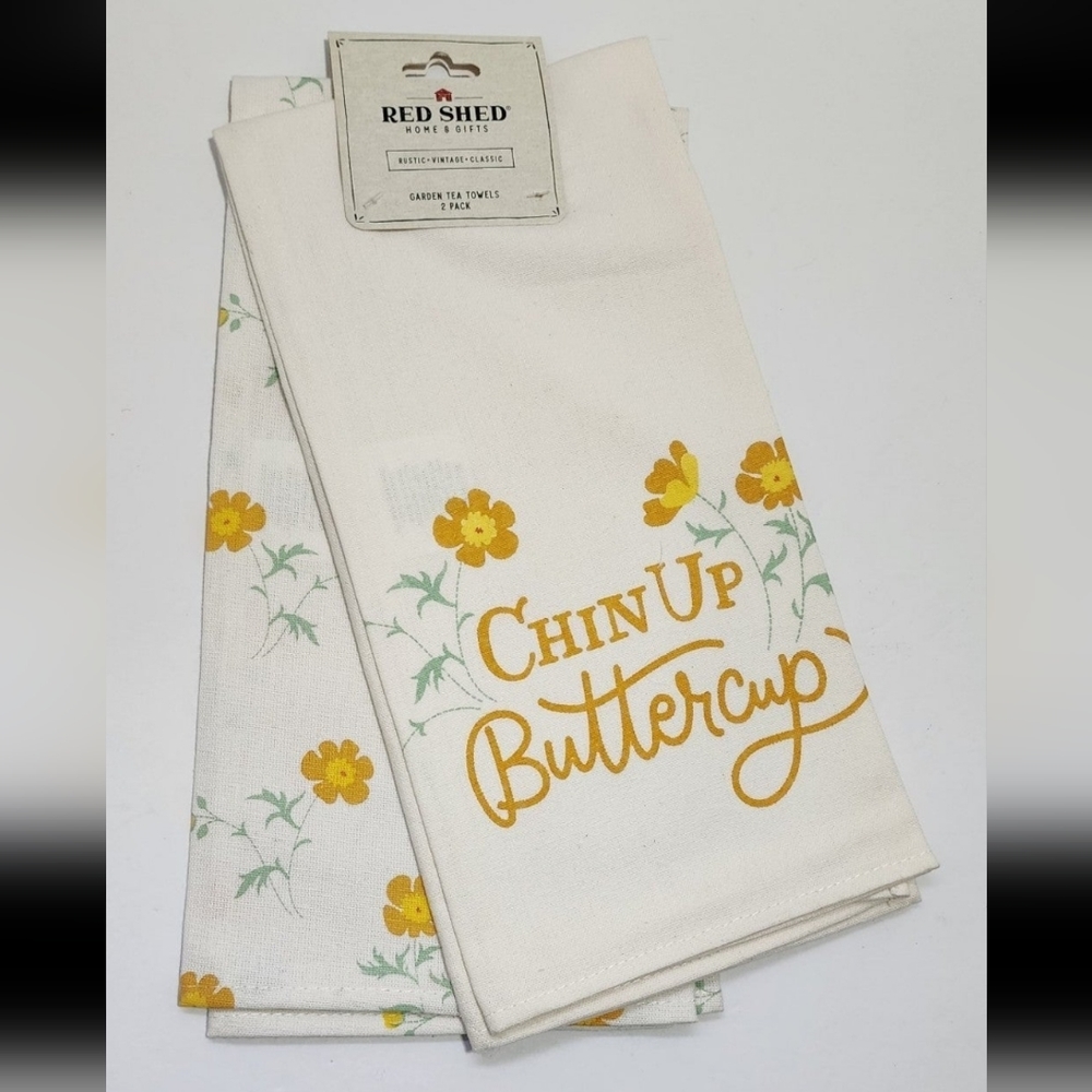 NWT Red Shed "Chin Up Buttercup" Tea Dish Kitchen Towels Set of 2 Farm Homestead